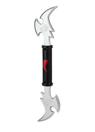 The Power Rangers Ninja Steel Training Gear - Double Dagger and Battle Axe by Power Rangers features a black textured handle with a red mark and two curved, engraved silver blades—ideal as a toy or training gear for aspiring heroes.