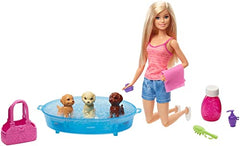 Jamn Barbie GDJ37 - Barbie pop, Blond, en speelset met 3 pups, badje en accessoires, meerkleurig