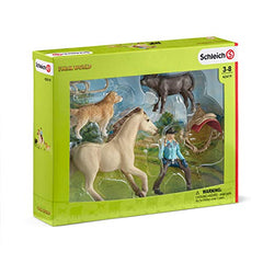Schleich Western Playset - Cowgirl Figurine with Horse, Cow, Dog and Rodeo Accessories, Realistic Farm Animal Toys, 6-Piece Set for Kids