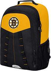 The Northwest Boston Bruins Scorcher Back Pack is a black and yellow 600D polyester backpack featuring the team logo, zippered pockets, a side mesh pocket, and a top handle. Model: 1NHL1C6002001RTL.