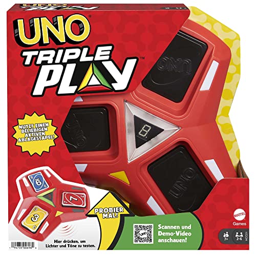 UNO Triple Play Card Game with Card-Holder Unit with Lights & Sounds & 112 Cards, Kid, Teen & Adult Game Night Gift Ages 7 Years & Older - HCC21