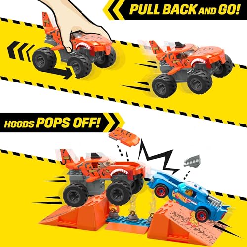 MEGA Hot Wheels Monster Trucks Building Toy Car, Smash & Crash Tiger Shark Chomp Course with 245 Pieces, 2 Figures and 1 Ramp, Kids Age 5+ Years