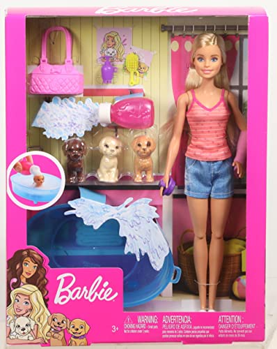 Jamn Barbie GDJ37 - Barbie pop, Blond, en speelset met 3 pups, badje en accessoires, meerkleurig
