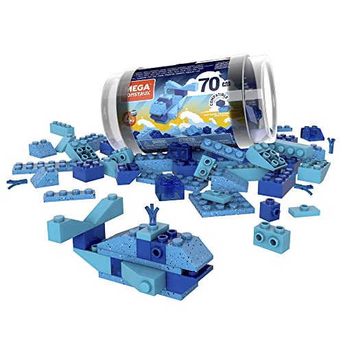 Mega Construx Wonder Builders Tubes of Color Blocks - 70 Blocks of Different Shapes, Sizes and Shades of Blue ~ Compatible with Major Brands ~ Ages 4 and Up