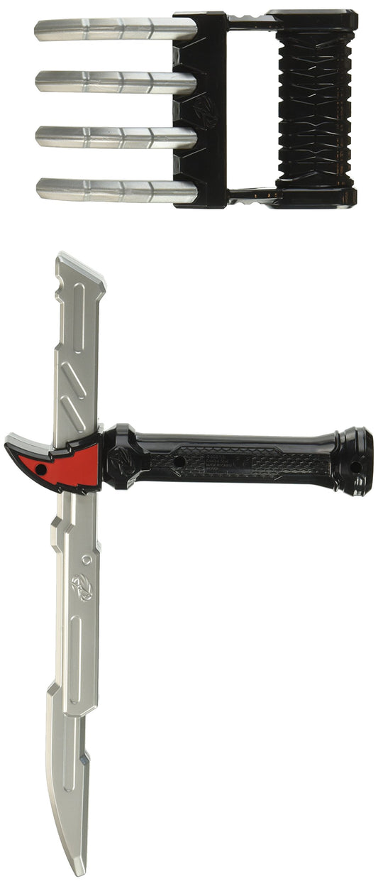 The Power Rangers Ninja Steel Ninja Training Gear - Nightstick & Dragon Claw set includes a silver claw with a black handle and a silver-and-black sword with red detailing, perfect for ninja training action!.