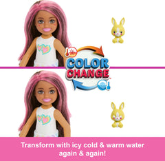 Barbie Cutie Reveal Chelsea Doll & Accessories, Color Dream Series Small Doll in Animal Plush Costume with 6 Surprises Including Color Change (Styles May Vary)