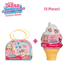 LOVE, DIANA, Kids Diana Show, Fashion Fabulous Collectible Doll and Pet 2-Pack Bundle, Surprise 3.5” Diana Doll in Adorable Ice Cream Cone and Surprise Pet, 10 Different Diana Doll Styles to Collect