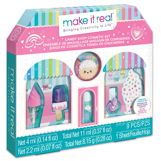 Make It Real: Candy Shop Cosmetic Set - 9 pcs, Vanilla & Strawberry Scented Cosmetics, Ice-Cream Shaped Glosses, Beauty Kit, Tweens, Girls & Kids Ages 8+