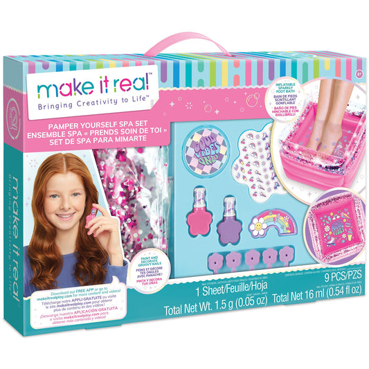 Make It Real: Pamper Yourself Spa Set - 9 pcs, Inflatable Sparkly Foot Bath & Accessories, Nail Polish & Art, Tweens, Girls & Kids Ages 8+