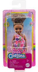 Barbie Chelsea Doll – Brunette Curly Hair, Flower-Print Dress