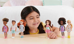 Barbie Chelsea Doll – Brunette Curly Hair, Flower-Print Dress