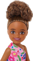 Barbie Chelsea Doll – Brunette Curly Hair, Flower-Print Dress