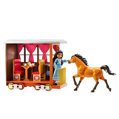 Mattel Spirit Untamed Lucky’s Train Home Playset, Train with Rolling Wheels Balcony, Dining Accessories, Lucky Doll (7-in), Spirit (Approx.8-in) & More, Great Gift for Ages 3 Years Old & Up