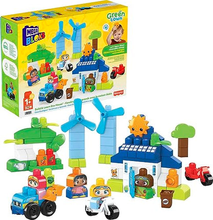 MEGA BLOKS Fisher-Price Toddler Building Blocks, Green Town Build & Learn Eco House With 92 Pieces, 4 Figures, Kids Age 1+ Years