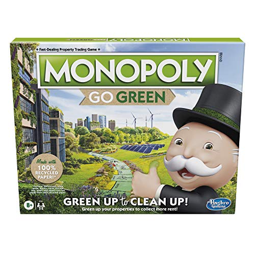Monopoly: Go Green Edition Game Made with 100% Recycled Paper Parts and Plant-Based Plastic Tokens, Board Game for Families Ages 8 and Up