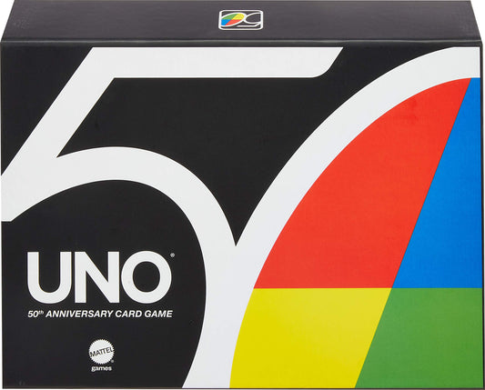 Mattel Games UNO Premium 50th Anniversary Edition Matching Card Game Featuring Commemorative Coin & 112 Cards, Game Night, Kids & Collectors Gift Ages 7 Years & Older.