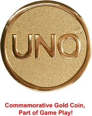 Mattel Games UNO Premium 50th Anniversary Edition Matching Card Game Featuring Commemorative Coin & 112 Cards, Game Night, Kids & Collectors Gift Ages 7 Years & Older.