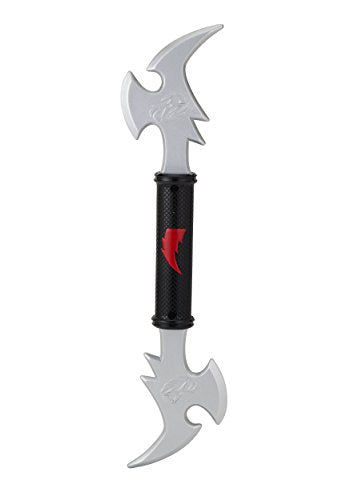 The Power Rangers Ninja Steel Training Gear Double Dagger and Battle Axe features silver, jagged blades on both ends and a black, textured handle with a red lightning bolt—ideal for any Power Rangers fan’s training adventures.
