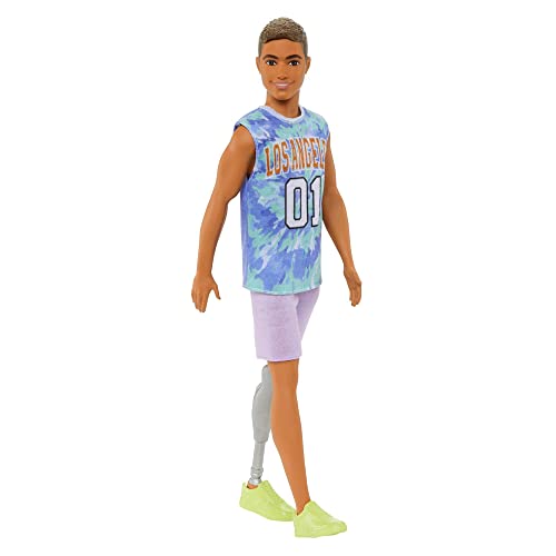 Barbie Ken Fashionistas Doll #212 with Prosthetic Leg, Wearing Los Angeles Jersey and Purple Shorts with Sneakers, HJT11