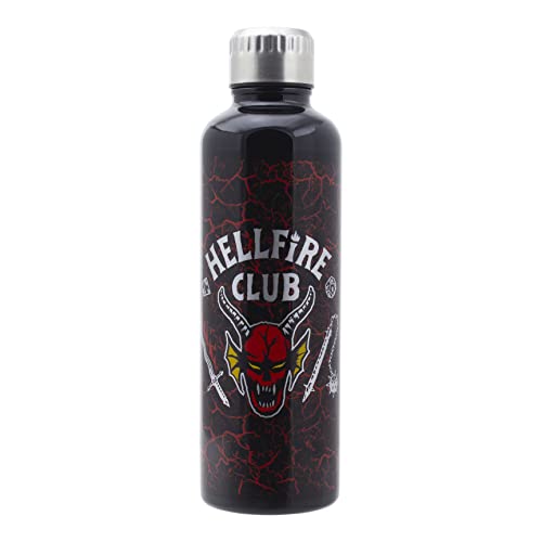 Paladone Stranger Things Hellfire Club Metal Water Bottle | Horror Movie Merchandise Stainless Steel Waterbottle with Lid | 500ml 16 fl oz, Black/Multicolor