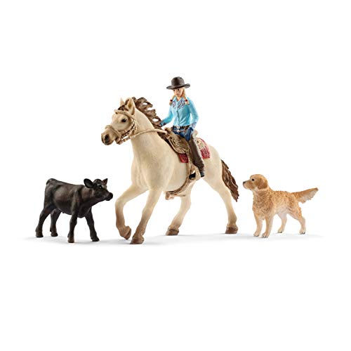 Schleich Western Playset - Cowgirl Figurine with Horse, Cow, Dog and Rodeo Accessories, Realistic Farm Animal Toys, 6-Piece Set for Kids