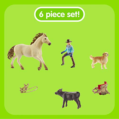 Schleich Western Playset - Cowgirl Figurine with Horse, Cow, Dog and Rodeo Accessories, Realistic Farm Animal Toys, 6-Piece Set for Kids