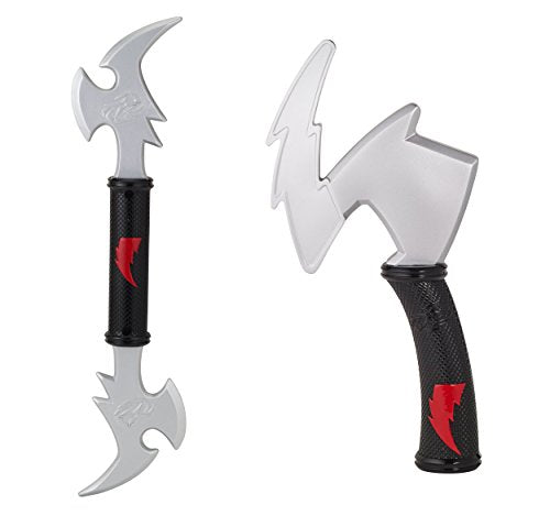 The Power Rangers Ninja Steel Training Gear - Double Dagger and Battle Axe by Power Rangers features a double-ended silver blade with black grips and a battle axe with a red lightning-shaped blade—ideal for young heroes in training.