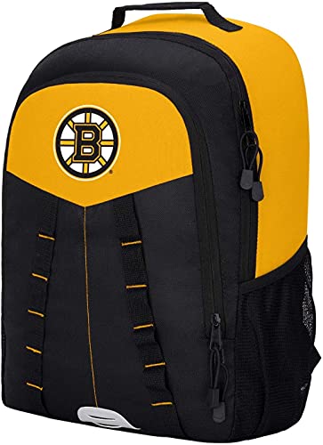 The Northwest Boston Bruins Scorcher Back Pack is a black and yellow 600D polyester backpack featuring the team logo, zippered pockets, a side mesh pocket, and a top handle. Model: 1NHL1C6002001RTL.