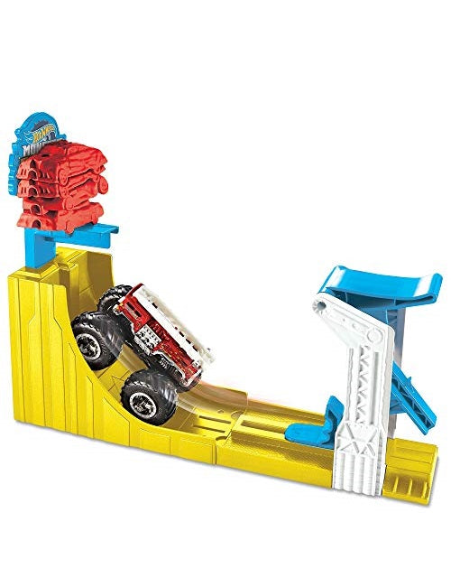 Hot Wheels Monster Trucks Big Air Breakout Play Set with 5 Alarm 1:64 Scale Die-Cast Metal Body Monster Truck 4 Plastic Crushed Cars 1 Slam Launcher and Ramp for Vertical Crashing Complete Gift