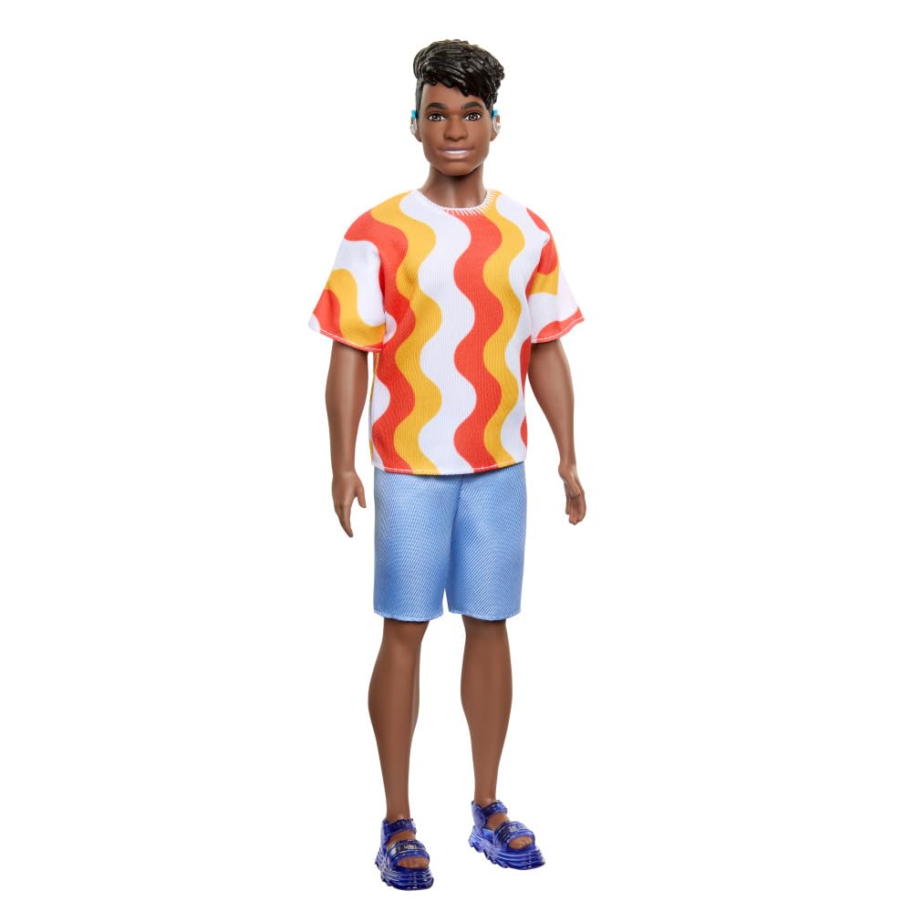 Barbie Fashionistas Ken Doll #220 with Behind-The-Ear Hearing Aids & Broad Body Wearing a Removable Orange Patterned Shirt, Shorts & Jelly Sandals