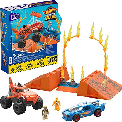 MEGA Hot Wheels Monster Trucks Building Toy Car, Smash & Crash Tiger Shark Chomp Course with 245 Pieces, 2 Figures and 1 Ramp, Kids Age 5+ Years