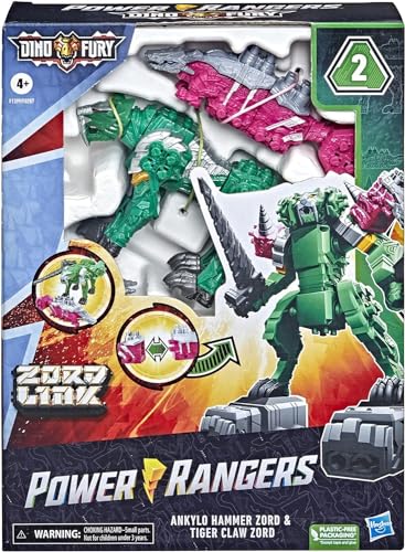 Power Rangers Dino Fury Pink Ankylo Hammer and Green Tiger Claw Zord Toys for Kids Ages 4 and Up Zord Link Mix-and-Match Custom Build System