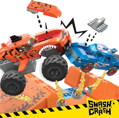 MEGA Hot Wheels Monster Trucks Building Toy Car, Smash & Crash Tiger Shark Chomp Course with 245 Pieces, 2 Figures and 1 Ramp, Kids Age 5+ Years