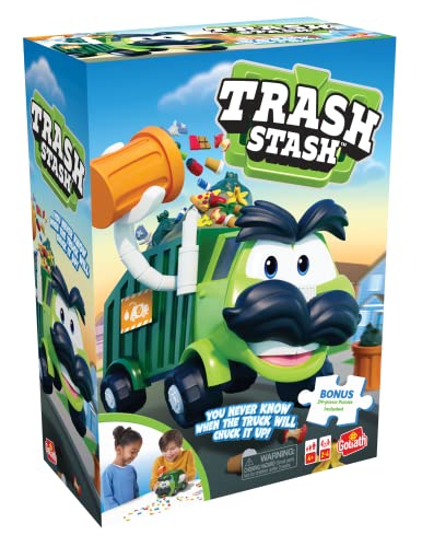 Goliath Trash Stash Game w/ 24pc Puzzle - Fill Trashcan, Watch It Dump Into Garbage Truck Or Truck Chucks It Up - Includes 24-Piece Puzzle