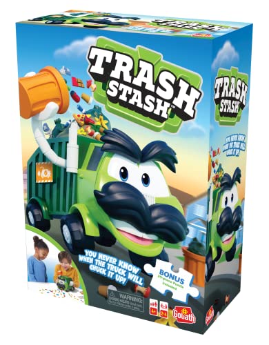 Goliath Trash Stash Game w/ 24pc Puzzle - Fill Trashcan, Watch It Dump Into Garbage Truck Or Truck Chucks It Up - Includes 24-Piece Puzzle