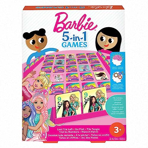 Mattel Games Barbie 5-in-1 Kids Games Set for Travel, Parties and Game Nights with Family
