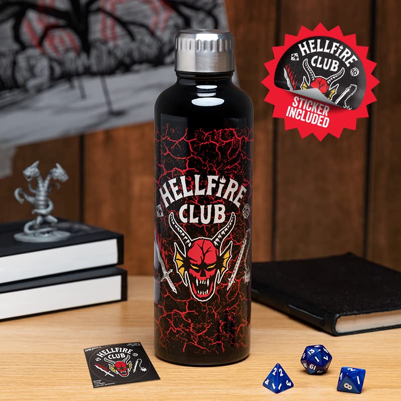 Paladone Stranger Things Hellfire Club Metal Water Bottle | Horror Movie Merchandise Stainless Steel Waterbottle with Lid | 500ml 16 fl oz, Black/Multicolor