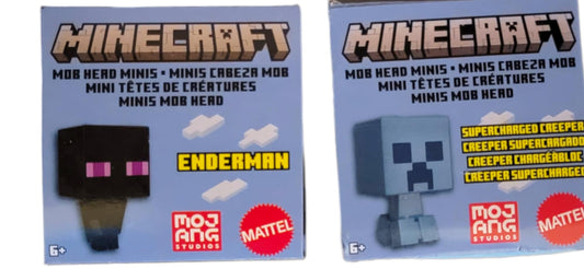 Mattel Minecraft Mob Head Minis 2022 Set of 4 Micro Figures from HHP58-956B with Alex, Steve, Enderman and Supercharged Creeper