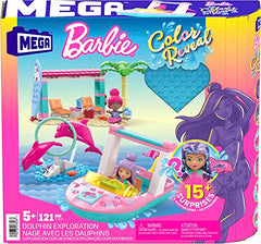 MEGA Barbie Color Reveal Building Toy Playset, Dolphin Exploration With 121 Pieces, 15 Surprises and Accessories, Kids Age 5+ Years