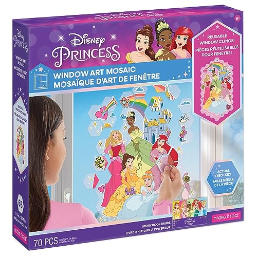 Make It Real Disney: Window Art Mosaic - Disney Princess - 70 pcs, Reusable Puzzle Window Clings, Creates a 9.5 x 16.5 Image, Kids Ages 6+