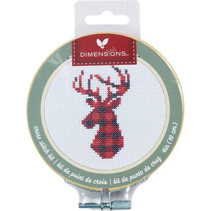 Dimensions Kit, Plaid Reindeer Christmas Cross Stitch, White 14 Count Aida, 4'' Embroidery Hoop