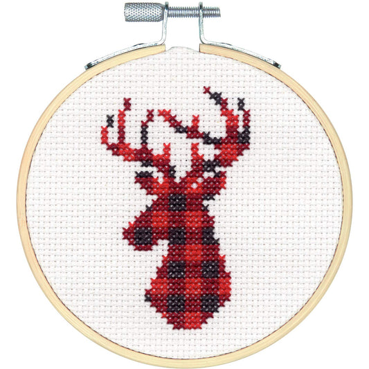 Dimensions Kit, Plaid Reindeer Christmas Cross Stitch, White 14 Count Aida, 4'' Embroidery Hoop