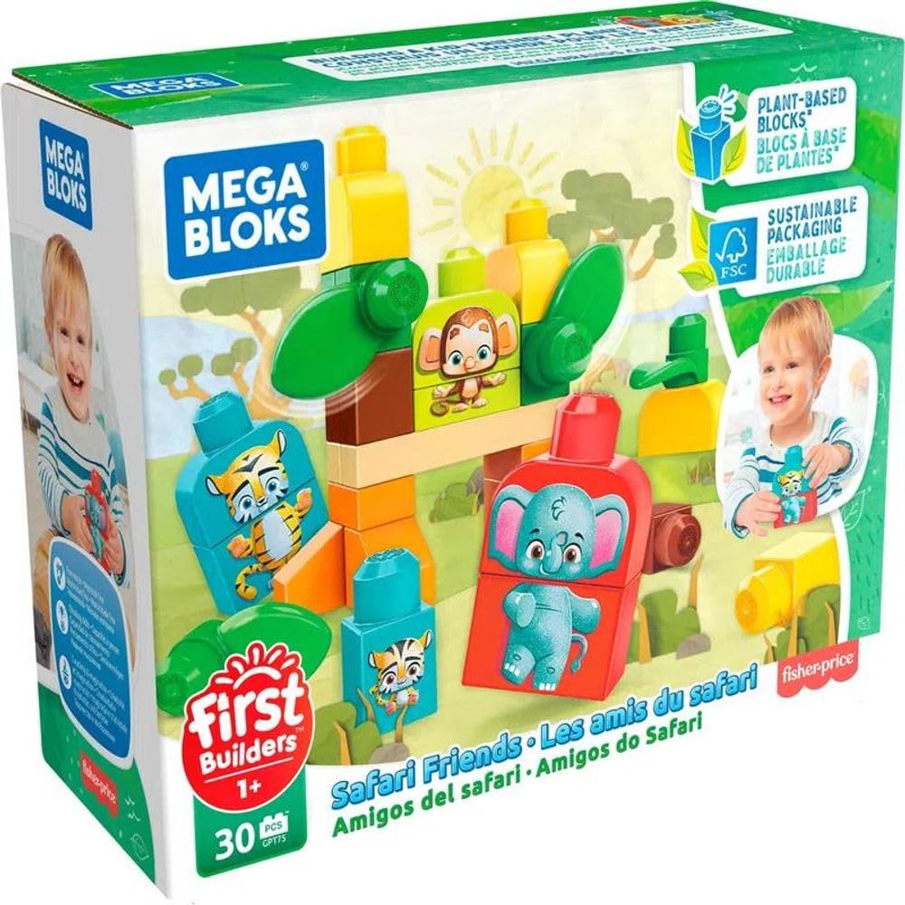 Mega Bloks First Builders Safari Friends with Big Building Blocks, Plant-Based Building Toys for Toddlers (30 Pieces)