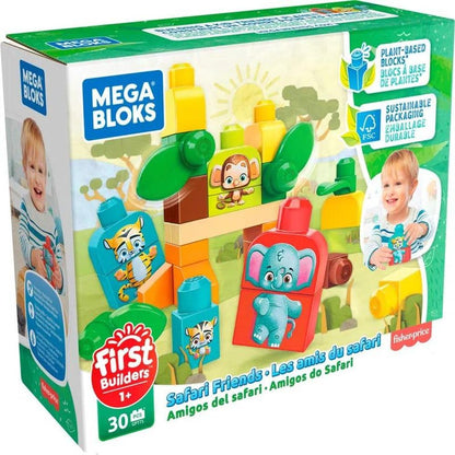 Mega Bloks First Builders Safari Friends with Big Building Blocks, Plant-Based Building Toys for Toddlers (30 Pieces)