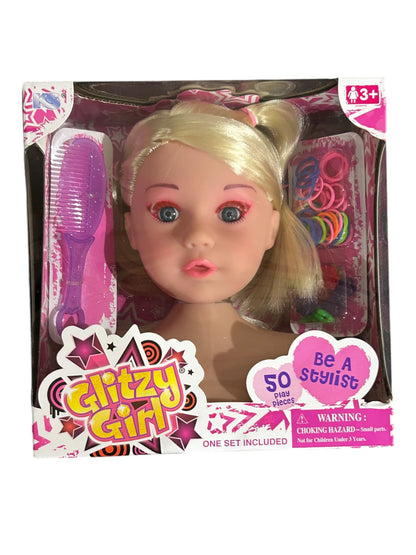 Glitzy Girl Caucasian Styling Mini Doll Set – 50-Piece Hair Accessories and Play Kit for Kids Ages 3 and Up, Pretend Makeup, Hair Braiding Tools, Blonde Doll, Creative Hair Styling Kit