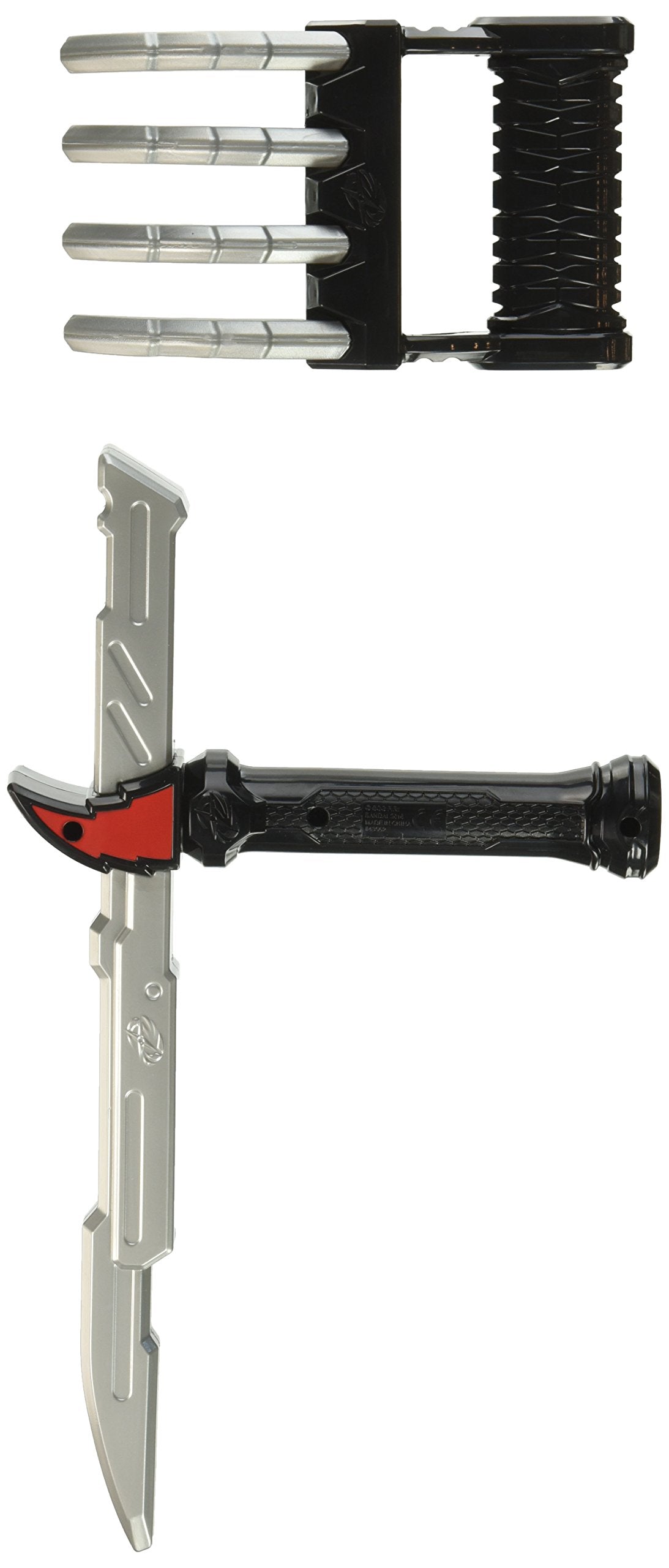 The Power Rangers Ninja Steel Ninja Training Gear - Nightstick & Dragon Claw set includes a silver claw with a black handle and a silver-and-black sword with red detailing, perfect for ninja training action!.