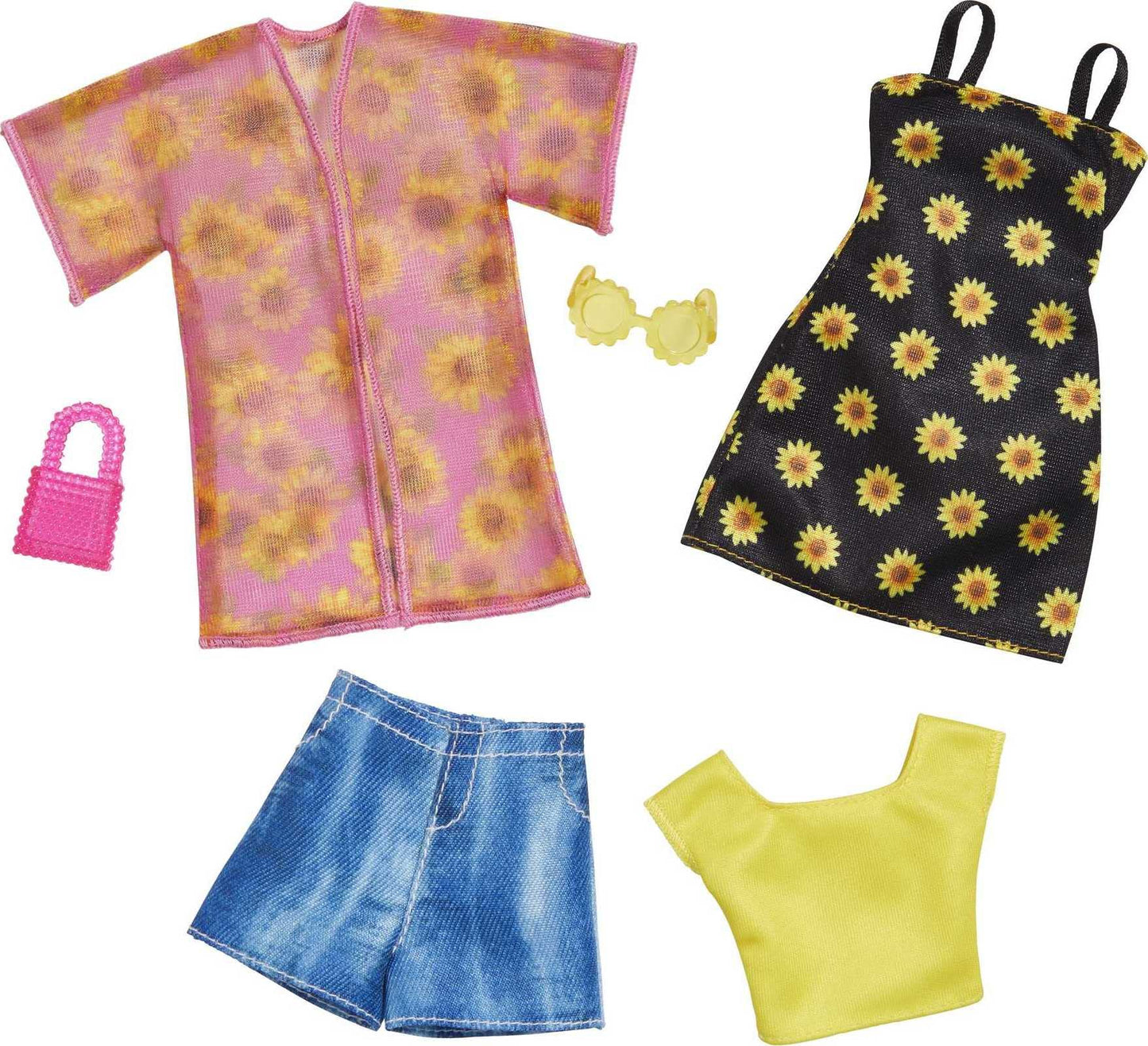 Barbie Fashions 2-Pack, 2 Outfits & 2 Accessories: Shirt, Shorts & Kimono, Sleeveless Sunflower Dress, Purse & Sunglasses, Kids 3 Years Old & Up