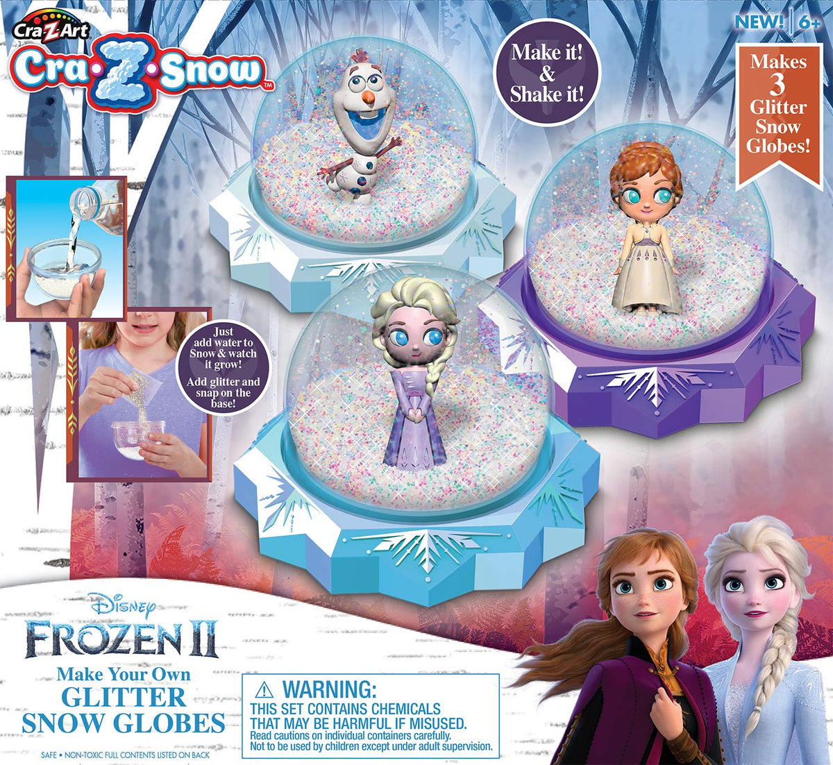 Disney Frozen II Cra-Z-Snow Make Your Own Glitter Snow Globes Kit - Make 3 Glitter Filled Snow Globes - Great For Ages