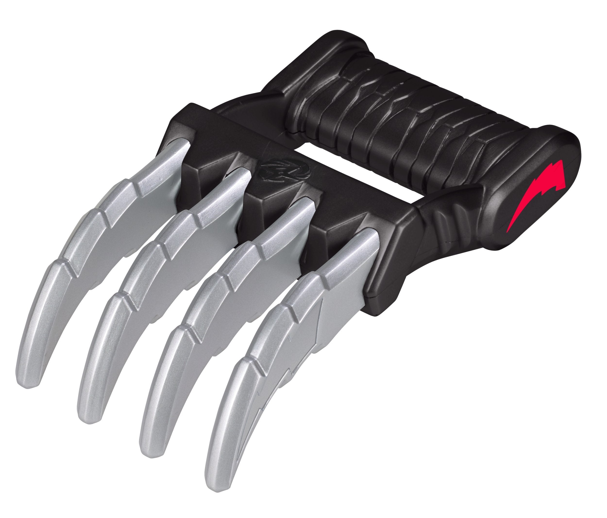 The Power Rangers Ninja Steel Ninja Training Gear - Nightstick & Dragon Claw by Power Rangers features a black plastic handle with three silver claw-like blades and a red bat symbol, ideal for imaginative role play and Ninja Training Gear adventures.