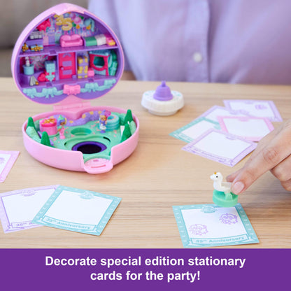 Polly Pocket Dolls & Playset, Collector Heritage Compact, 35th Birthday Partytime Stamper with 2 Micro Dolls, 3 Party Stamps & 12 Stationary Cards